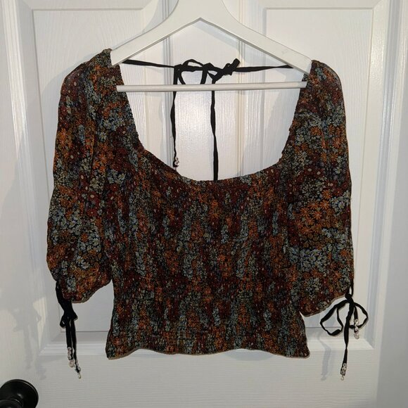 Free People BNWT New with tags size M Medium smocked puff sleeve crop top blouse - Picture 9 of 9